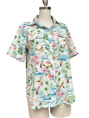Sandrine Rose Tropical Hawaiian Pearl Snap Shirt XS Oversized Casual Summer Top